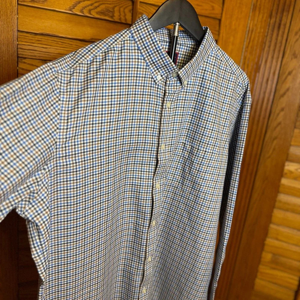 UNTUCKit Mens XXL Relaxed Fit Wrinkle Free Button Down Shirt Blue Brown Check